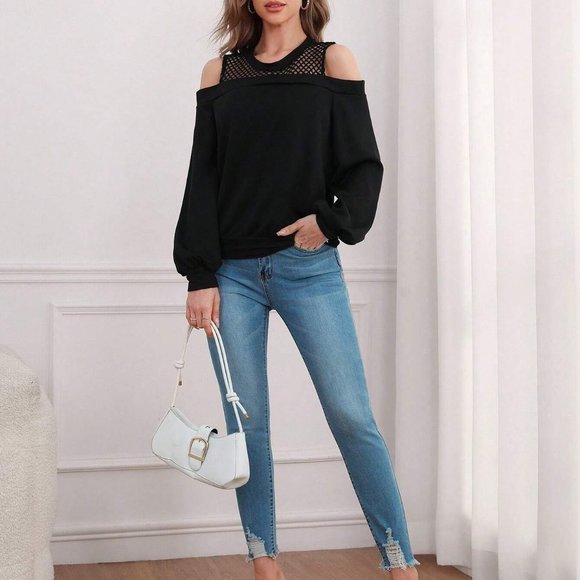 Cold Shoulder Contrast Mesh Sweatshirt black - Picture 3 of 5
